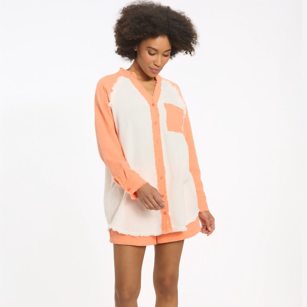 Uncharted Threads 100% Cotton Button-Up Shirt Size LARGE Orange White Frayed
